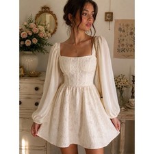Cream Jacquard Babydoll Mini Dress Sheer Puff Sleeves NWT Cottagecore Romantic
