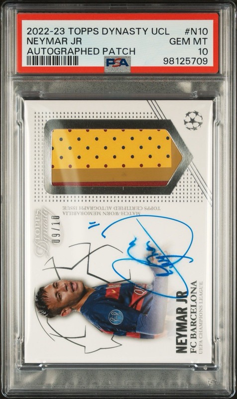 2022-23 Topps Dynasty UCL Soccer #N10 Neymar Match-Worn Patch AUTO 9/10 PSA 10