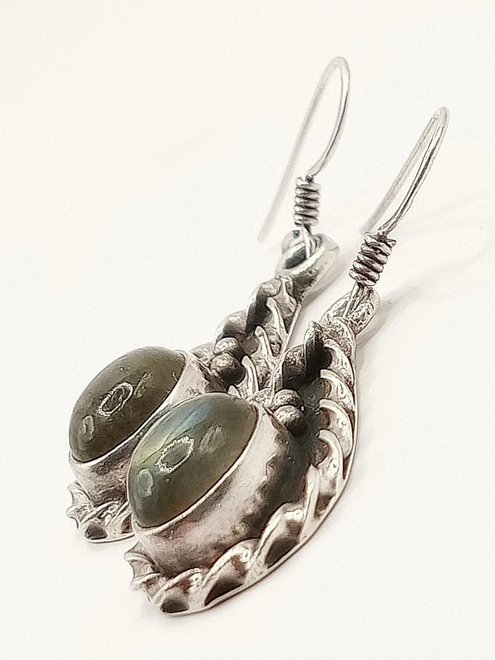 Orecchini Argento 925 Artigianale Goccia Cangiante Verde Labradorite Etnico - Immagine 3 di 4