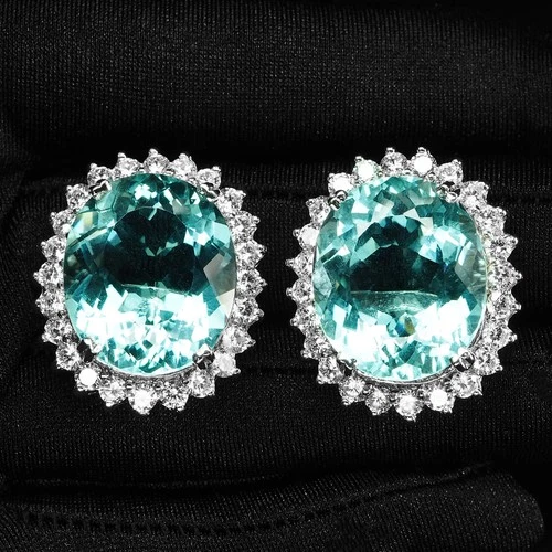 Gorgeous Sea Blue Aquamarine 39.45Ct 925 Sterling Silver Handmade Halo Earrings