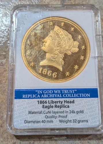 American Mint 1866 Liberty Head Eagle Proof Gold Coin Replica 24K Plated