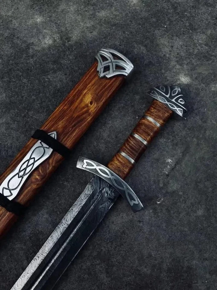 Viking Sword, Real Damascus with Blood Groove 32-Inche Full Tang with Sheath - Image 2 of 4