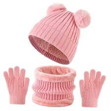 Kids Winter Beanie Hat Scarf Gloves Set Knit Warm Toddler Pink - Double Pompom