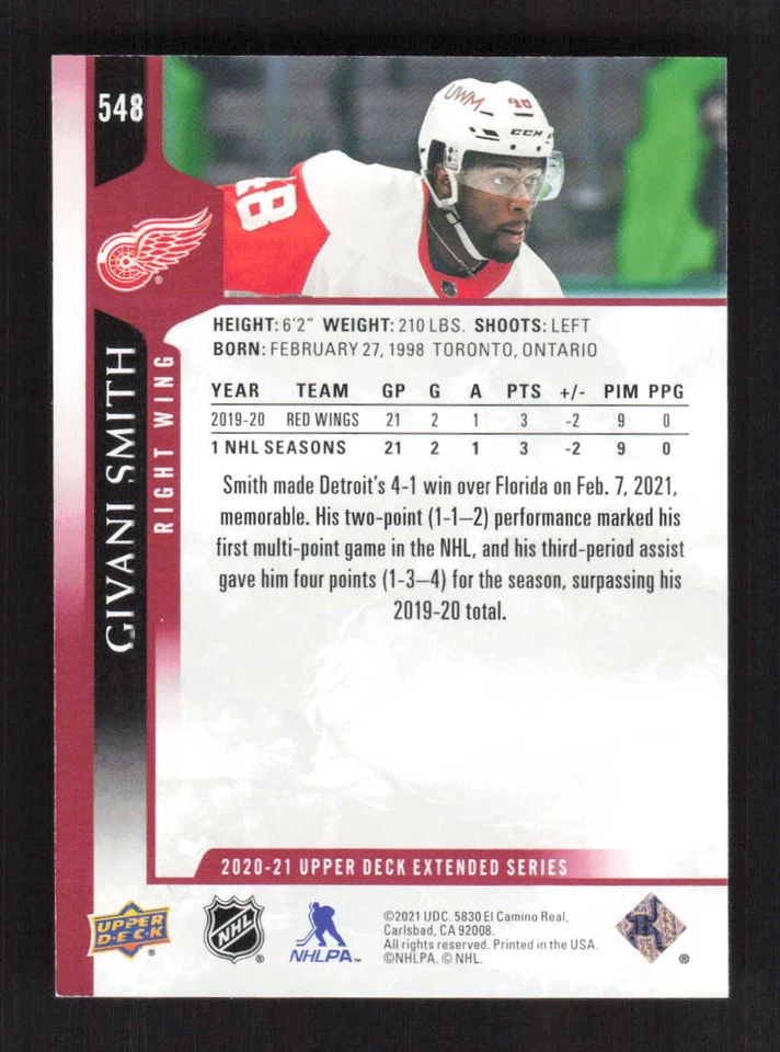 Givani Smith  SN100 2020-21 Upper Deck  UD Exclusives Detroit Red Wings #548 - Image 2 of 2