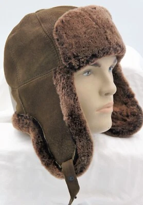 100% Peau de Mouton Cuir Chapeau Trapper Chasse Hiver Ouchanka S-3X Tabac - Photo 1/4