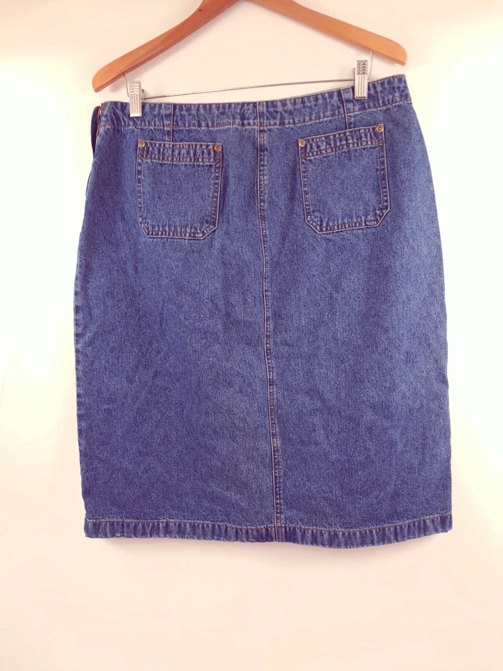 COVINGTON 100 % Azul Algodón Denim Línea A Estilo Falda Cuero Acento Para Mujer Talla 16 Foto 3 de 4