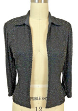 Cache Black Y2K Silk Beaded 3/4 Sleeve Open Collared Evening Jacket Size M