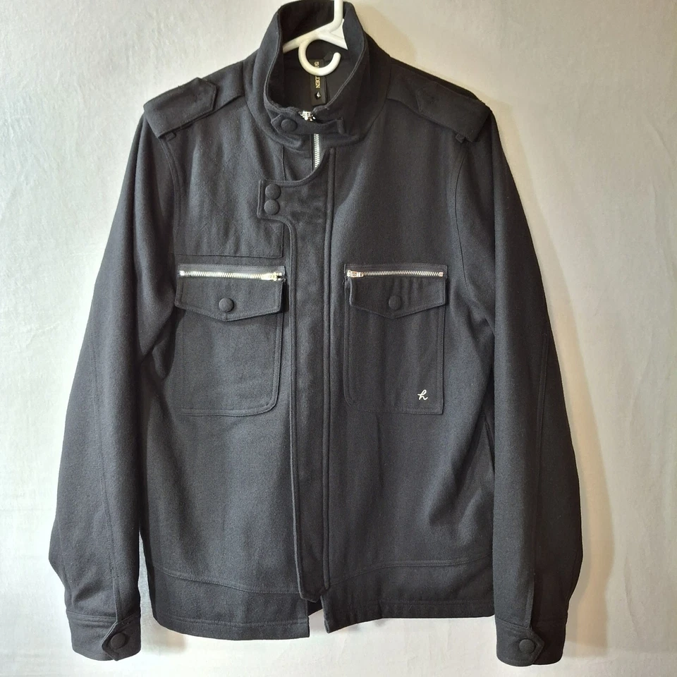 Holden Wool Blend Coat Men Large Black Military Pea Coat Pockets Epaulettes - Image 2 of 4