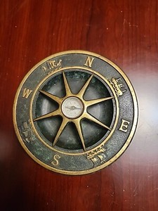 Midcentury Modern Brass Decorative Compass Verdigris Maritime Sunburst. 6” Diam