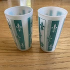 Vtg Hazel Atlas TURQUOISE BLUE Aqua Fleur De Lis 5 1/8" Milk Glass Tumblers - 2