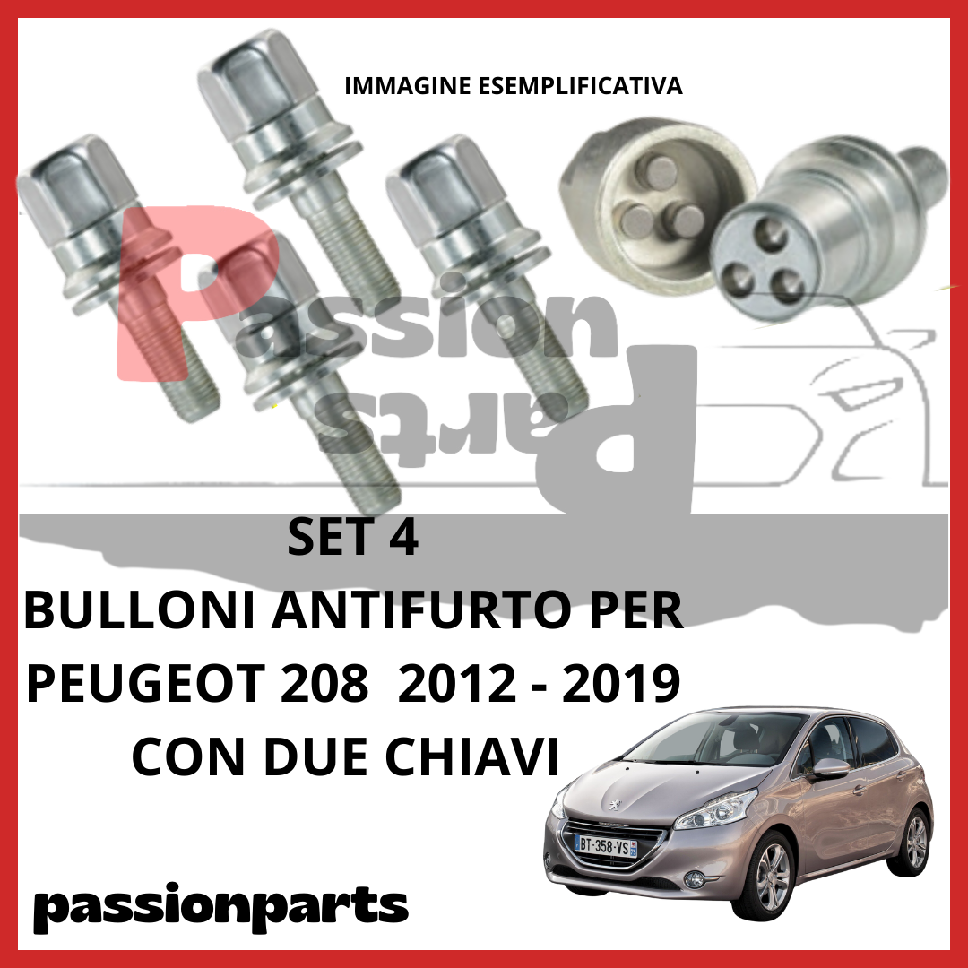 KIT 4 BULLONI ANTIFURTO CERCHI IN LEGA PER PEUGEOT 208 DAL 2012 AL 2019