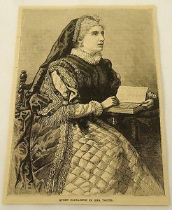 1881 magazine engraving ~ PORTRAIT OF QUEEN ELIZABETH in her youth