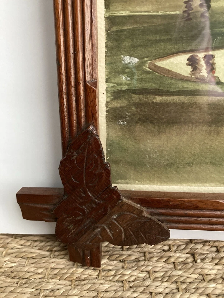 Antique Black Forest Frame w Signed Watercolor Painting Walnut Adirondack Crafts - Image 3 of 4