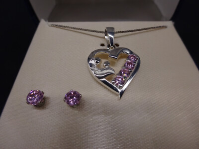 Mother & Four Daughters 4 Pink Stones 16'' Pendant in Sterling Silver w/ Earrings