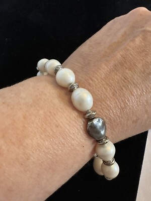 Barock Perle & Sterling Silber plattiert Kupfer Flach Perlen Stretch Armreif Armband