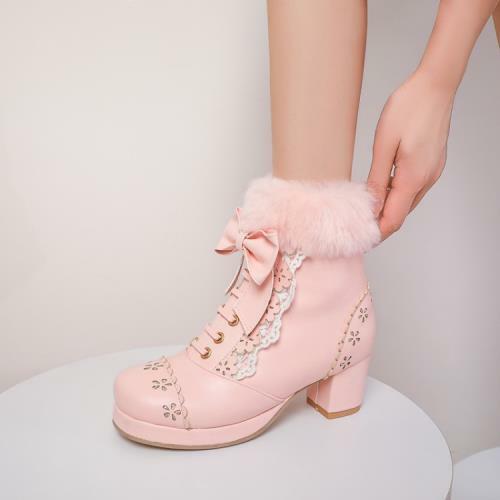 Women Ankle Boots Heel Platform Bowknot Winter Warm Chunky Block Shoes Lolita Sz - Bild 11 von 16