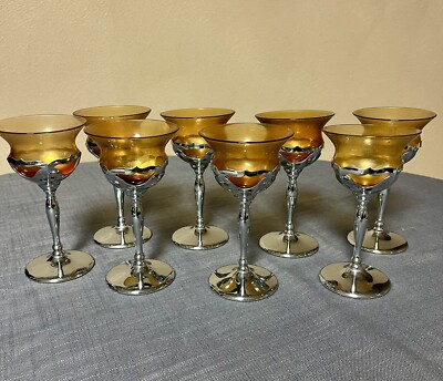 7 Vintage Farber Brothers Crystal Krome Kraft Amber Grappa / Wine Glasses