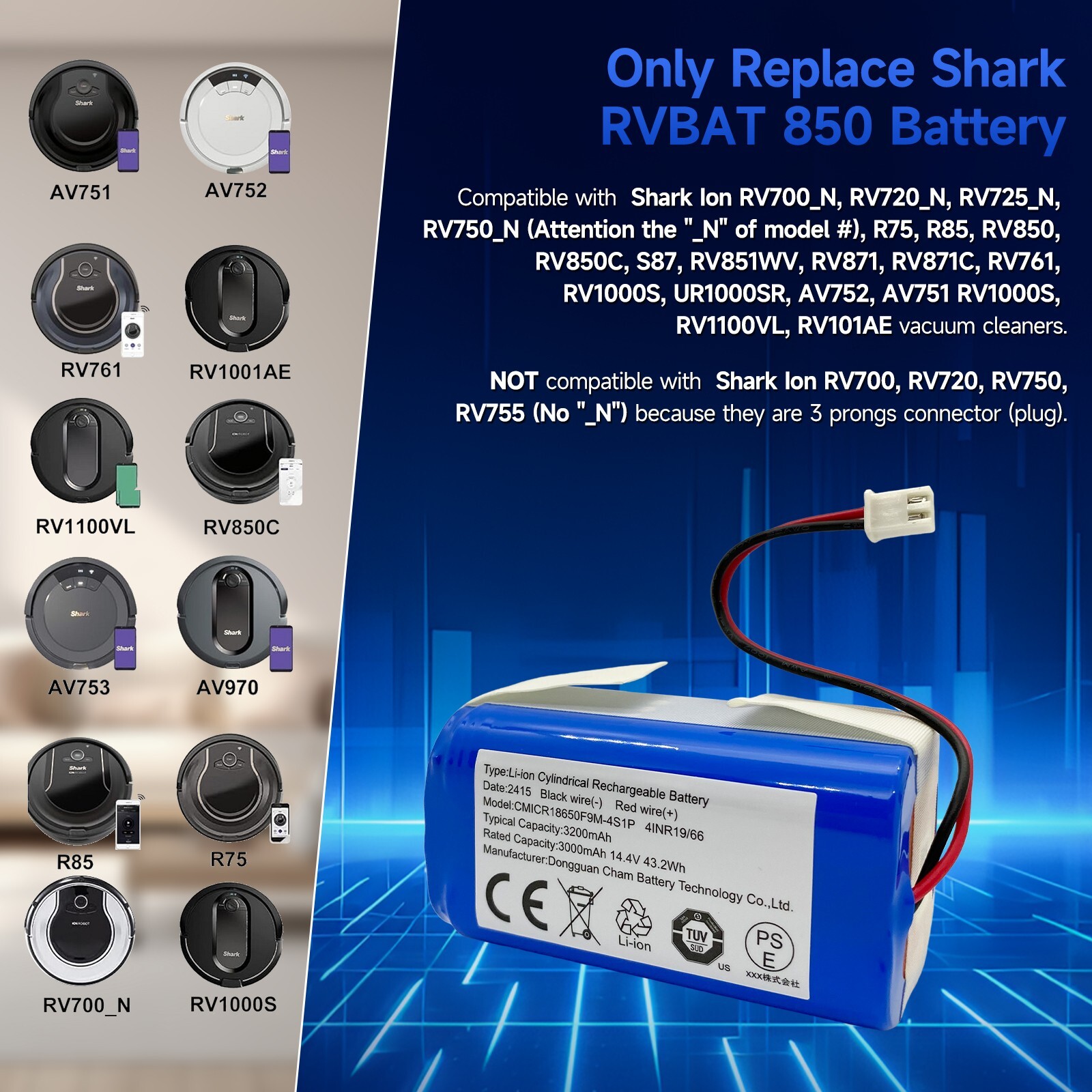 Shark Rv871 Shark RVBAT850 Battery for R75, R85, RV850, R87, RV871, S87, RV851WV (2 ...