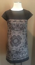 Lucky Loaves M Boho Sheath Dress Black White Tan Print W Short Sleeves