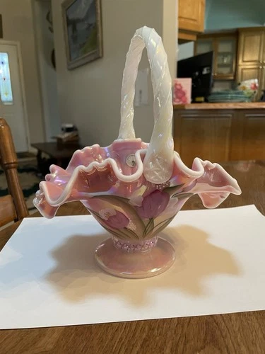 Fenton Rosalene Tulips Basket-signed