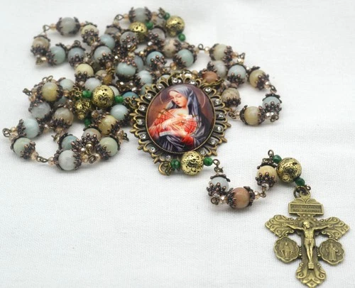 Rosary Catholic Heirloom Bronze Our Lady Seven Sorrows Amazonite Pardon Crucifix
