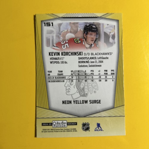 🐶 2024-25 OPC Platinum Kevin Korchinski Neon Yellow Surge #151 - Bild 2 von 2