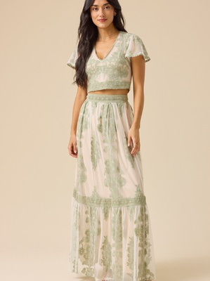 #ad Altar’d State Arissa Floral Embroidered Maxi Skirt Top IVORY SAGE All Size $75.63