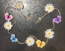 🌸 🦋NEW hand Crochet daisy butterfly Jute Rustic Bunting Window 45” camper Gift