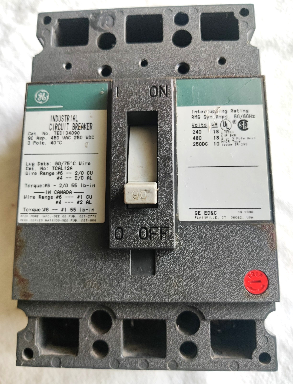 General Electric Ge Ted134090 Circuit Breaker 3 Pole  90 Amp 240/480Y