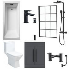Complete Bathroom Suite Black Bath Shower Screen Taps Toilet Sink Grey Vanity