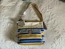 Giani Bernini Hangbag Crossbody Coated Canvas Yellow Navy Stripes New With Tags!
