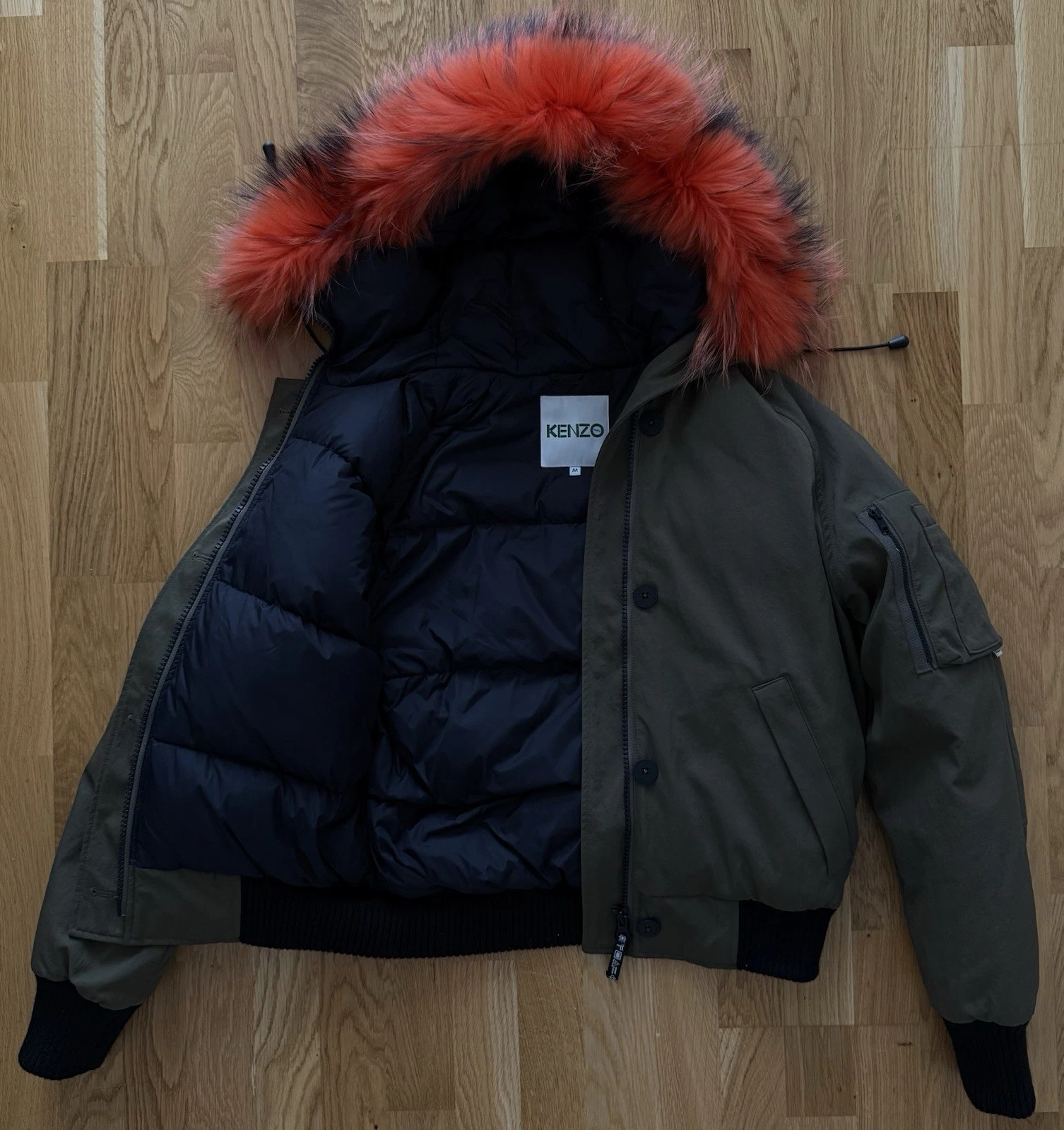 Kenzo piumino d'anatra giacca bomber con pelliccia zip intera verde donna taglia M