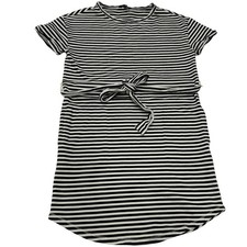 Lucky Brand Dress Womens XS Striped Tee Shirt Black White Tie Waist Cotton Mini