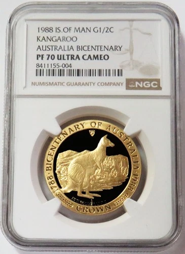 1988 GOLD ISLE OF MAN 1/2oz CROWN KANGAROO AUSTRALIA BICENTENARY NGC PF 70 UC