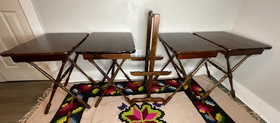 ETHAN ALLEN Antiqued Pine Old Tavern Folding TV Trays & Stand Set Fast Shipping - Image 2 of 4