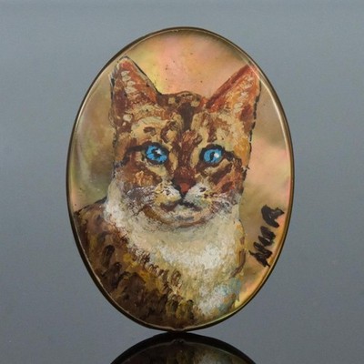 Katze Original Handgefertigt Handbemalt Perlmutt Muschel Oval Cabochon 28x21mm