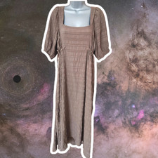 NEW OnFire Size 14 Taupe Shirred Seersucker Puff Sleeve Dress Boho Cottagecore