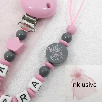 GIFT-STORE24 Schnullerkette mit Namen, rosa, grau, kleine Prinzessin, Krone, Mädchen, Baby