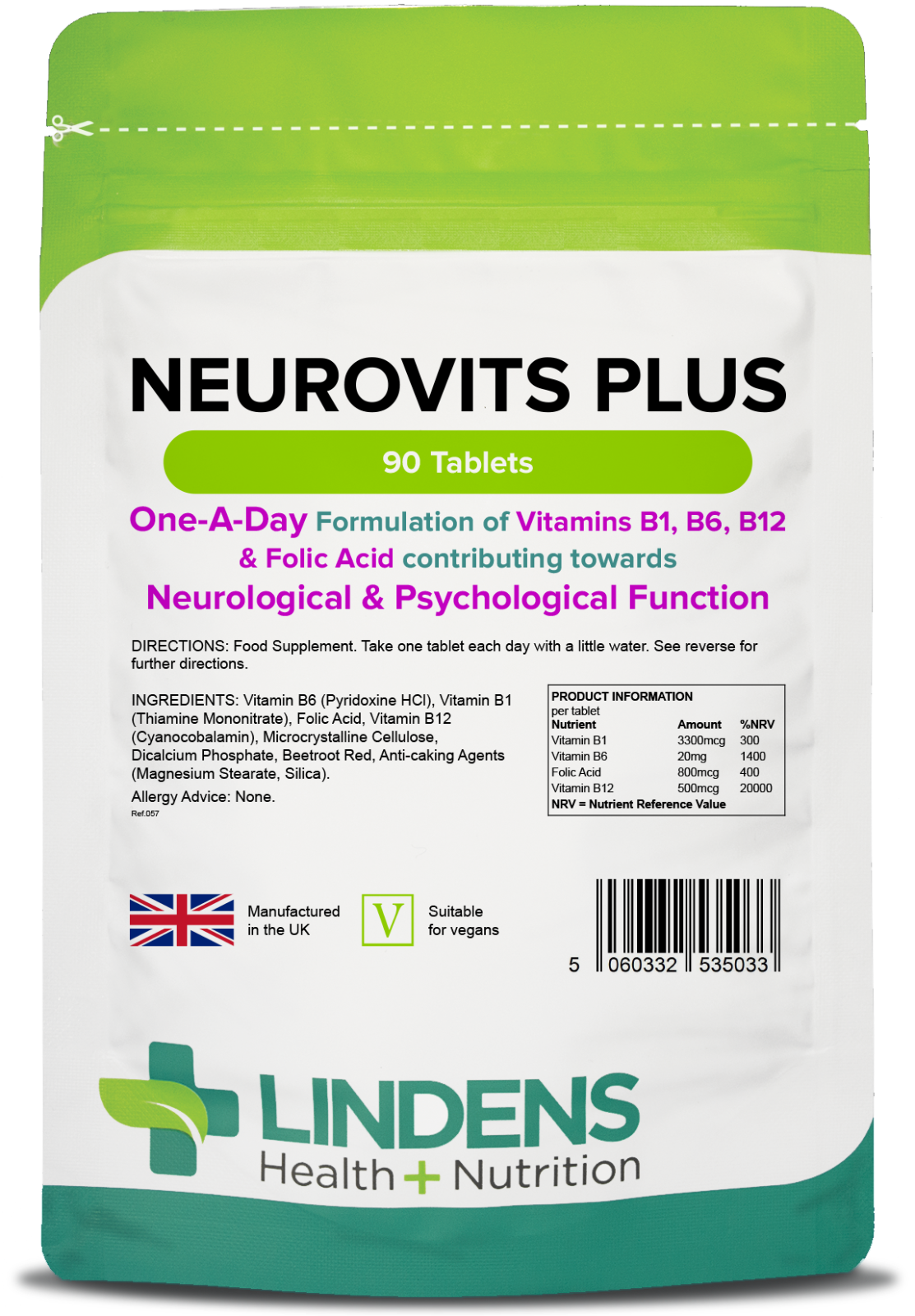 Lindens (1 Pack - 90 Tablets) Neurovits X 90 Tablets - Vitamin B-12 500Mcg B-6 & Folic Acid B12 B6 B1 - Image 5