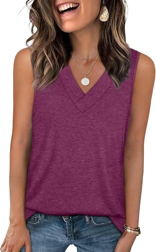 Tank Tops for Women Summer V Neck T Shirts Trendy Sleeveless Basic Tee Loose Fit - Picture 39 of 93