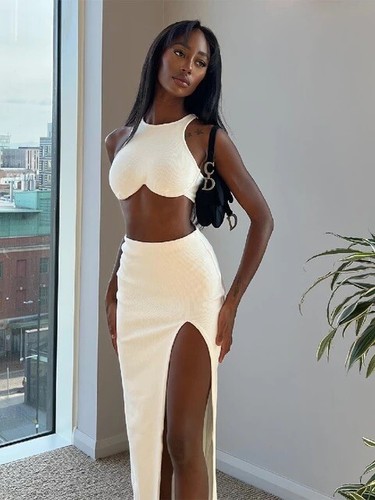 Womens|Matching Set Outfits|Side Slit Maxi Skirt-Tank Top|Large L|White|Stretch  | eBay