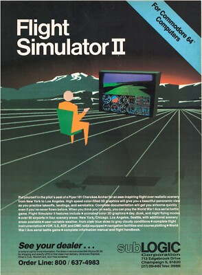 1982 SubLogic Flight Simulator II Game Software for Commodore 64 Computers Ad
