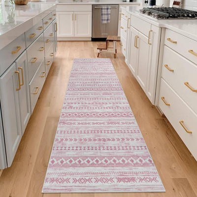 Moroccan Washable Runner Rug 2x8, Non-Slip Vintage Pink Neutral Boho Runners ...