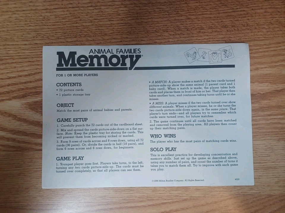 Milton Bradley "Animal Families Memory" Card Matching Game Vintage 1986 Complete - Image 3 of 4