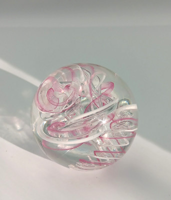 Langham England Small Glass Candy Pink & White Streamer Paperweight 3''