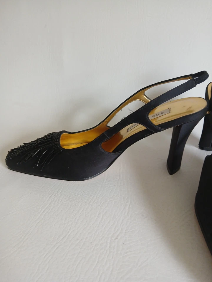 Women's Ann Marino Black Satin Slingback Shoes Embellished With Fringe Beads... - Image 3 of 4