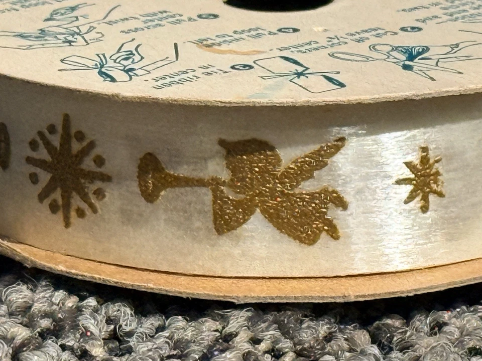 Vtg 60s 3/4" Christmas Sasheen Ribbon Gold Angels/Stars White 3M Classic Line - Image 3 of 4