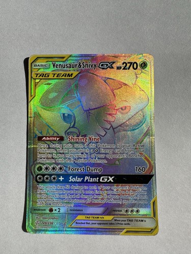 Pokemon Venusaur & Snivy GX Tag Team Rainbow 249/236 Cosmic Eclipse Damaged