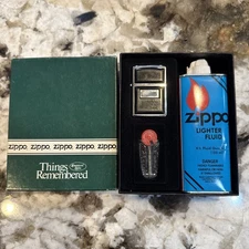 Vintage Ultralite Zippo 1988 Black Chrome Lighter w Flint & Fluid Gift Set