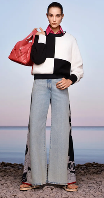 CHANEL 21C WIDE LEG BLUE DENIM CAMELLIA JEANS PANTS CC LOGO